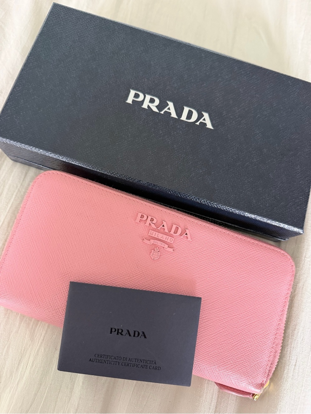 Prada Pink Saffiano Zip Wallet with Gold Hardware